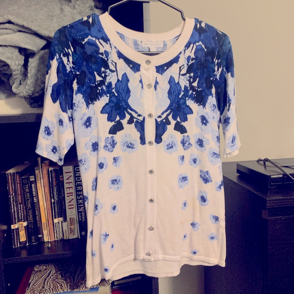 New York & Company blue & white abstract cardigan